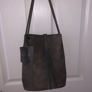 gray suede shoulder bag